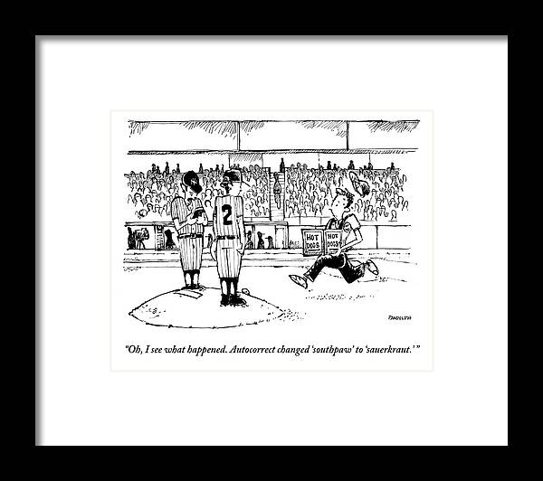 Baseball Framed Print featuring the drawing A Baseball Pitcher Stands On A Mound. A Player by Corey Pandolph