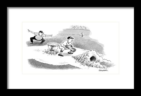 Captionless Baseball Framed Print featuring the drawing A Baseball Player Sliding Into A Base by Pat Byrnes
