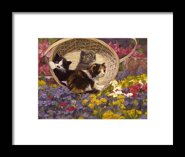 Cat Framed Print featuring the painting A Basket Of Cuteness by Lucie Bilodeau