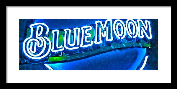 Blue Neon Lighting Framed Print featuring the digital art Blue Moon In An Aussie Pub by Pamela Smale Williams