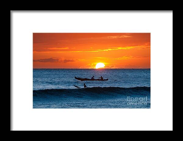 Hawaii Framed Print featuring the photograph A boat and surfer at sunset Maui Hawaii USA by Don Landwehrle