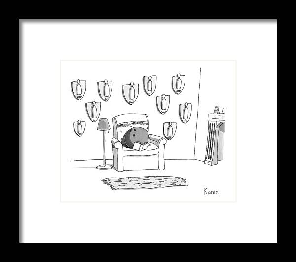 Captionless Bowling Framed Print featuring the drawing A Bowling Ball Sits In A Chair by Zachary Kanin