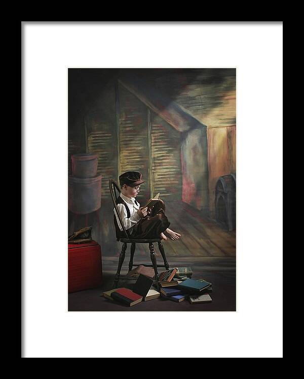 Reading Framed Print featuring the photograph A Boy Posed Reading Old Books Victoria by Pete Stec