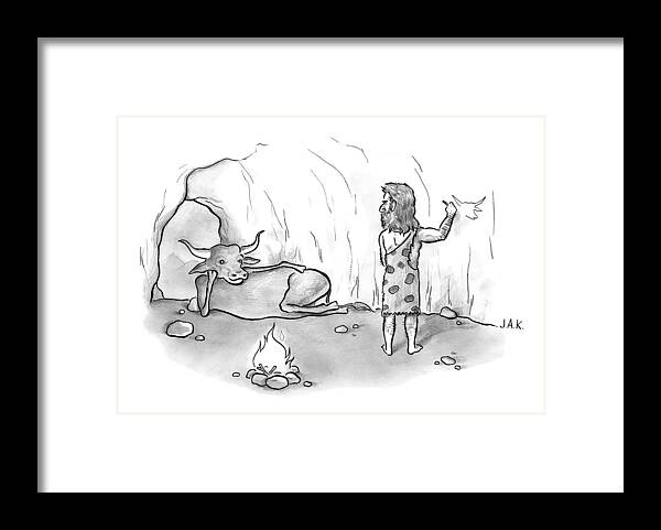 Captionless Framed Print featuring the drawing A Buffalo Poses Seductively For A Cave Man by Jason Adam Katzenstein