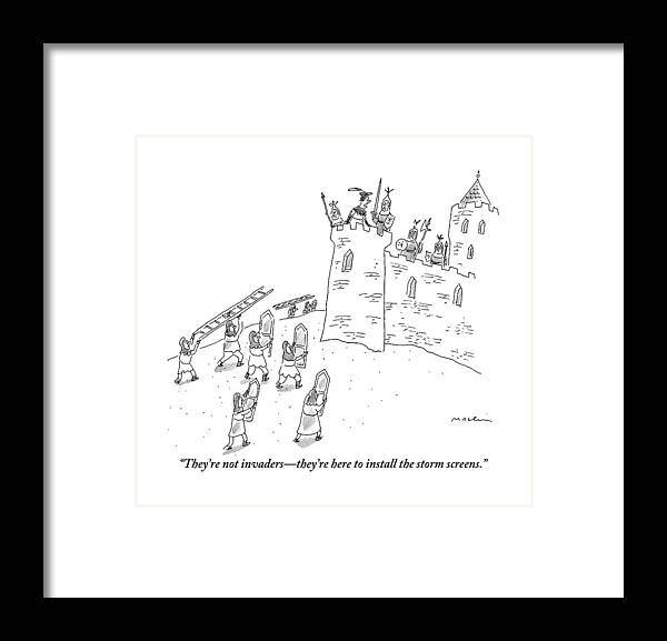 Windows Framed Print featuring the drawing A Bunch Of Commoners File Toward A Castle by Michael Maslin