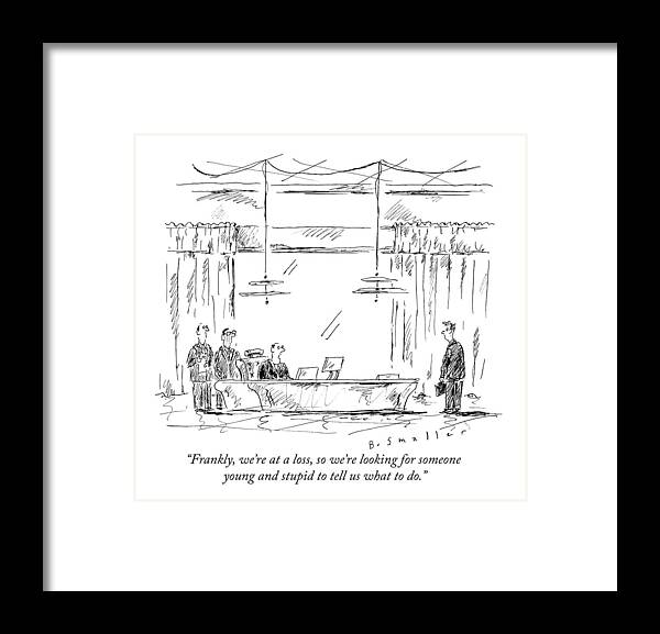 Corporate Framed Print featuring the drawing A Business Team Speaks To A Young Man by Barbara Smaller