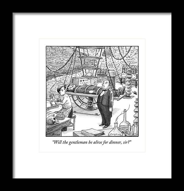 Cctk Framed Print featuring the drawing A Butler Talking To Frankenstein by Harry Bliss