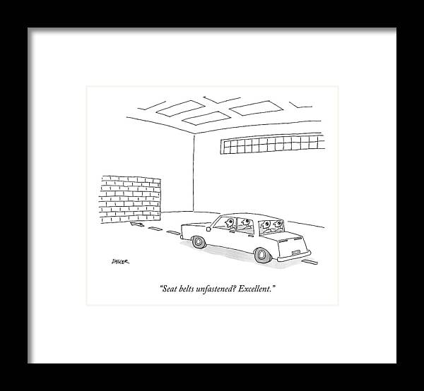 Crash Test Dummy Framed Print featuring the drawing A Car Full Of Crash Test Dummies Approaches by Jack Ziegler