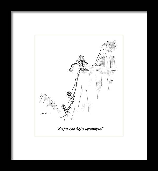 Dinner Parties Framed Print featuring the drawing A Caveman And Woman Climb Up A Cliff by Michael Maslin