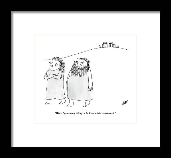 Stonehenge Framed Print featuring the drawing A Caveman Man Grumpily Talks To His Cavewoman by Edward Steed