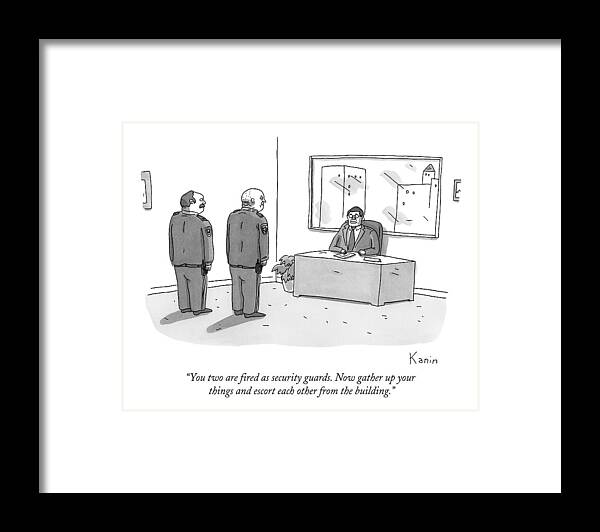 Security Guards Framed Print featuring the drawing A Ceo Addresses Two Security Guards by Zachary Kanin