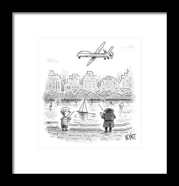 Remote Framed Print featuring the drawing A Child Holding A Remote Control Stands In Front by Christopher Weyant