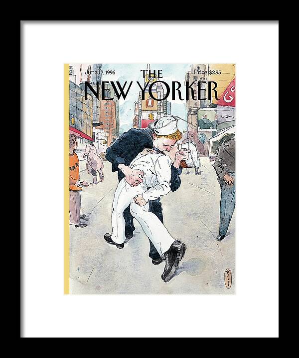 Don't Ask Framed Print featuring the painting A Couple Reenacts A Famous World War II Kiss by Barry Blitt