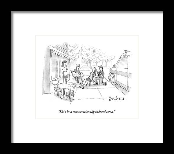 Cafes Framed Print featuring the drawing A Couple Sits Outside A Cafe. The Woman by David Borchart