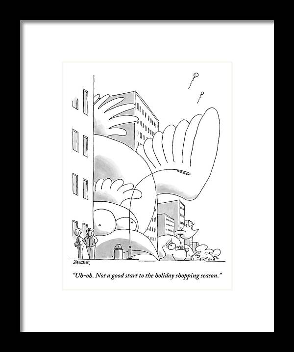Thanksgiving Framed Print featuring the drawing A Couple Stands On A City Street Where Holiday by Jack Ziegler