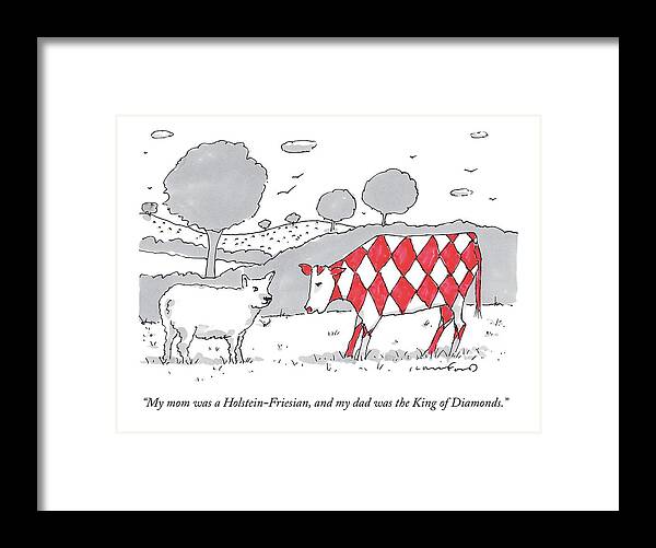 Cows Framed Print featuring the drawing A Cow With A Red Diamond Spots Talks To Another by Michael Crawford