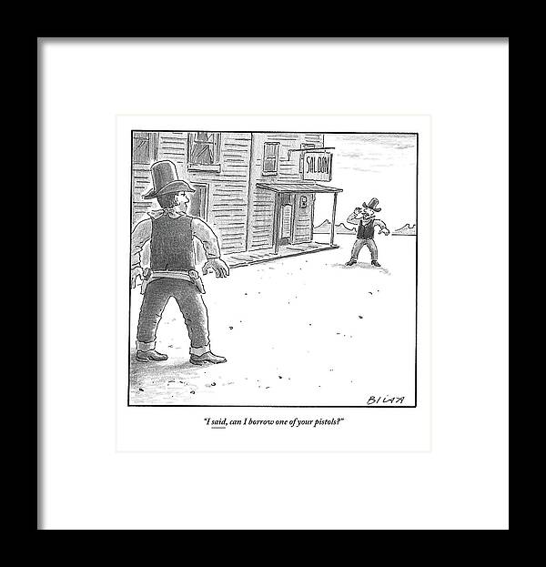 Cowboys Framed Print featuring the drawing A Cowboy Yells To Another Cowboy In A Classic by Harry Bliss