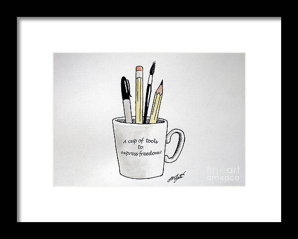 Christopher Shellhammer Framed Print featuring the drawing A cup of tools to express freedom by Christopher Shellhammer