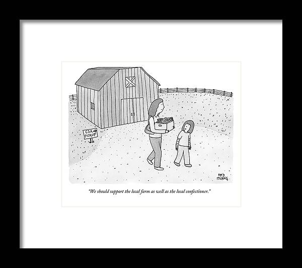 Fruits And Vegetables Framed Print featuring the drawing A Daughter Talks To Her Mother As They Leave by Amy Hwang