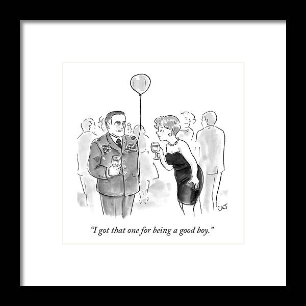 Military Framed Print featuring the drawing A Decorated Military Officer At A Cocktail Party by Carolita Johnson