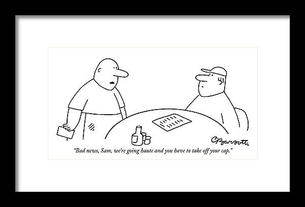 Restaurants Framed Print featuring the drawing A Deli Clerk Is Seen Speaking With A Customer by Charles Barsotti