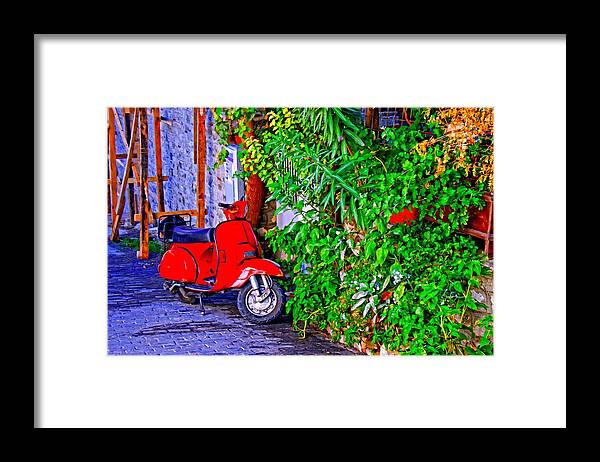 Painting Framed Print featuring the mixed media A digitally constructed painting of a red scooter in a village street by Ken Biggs