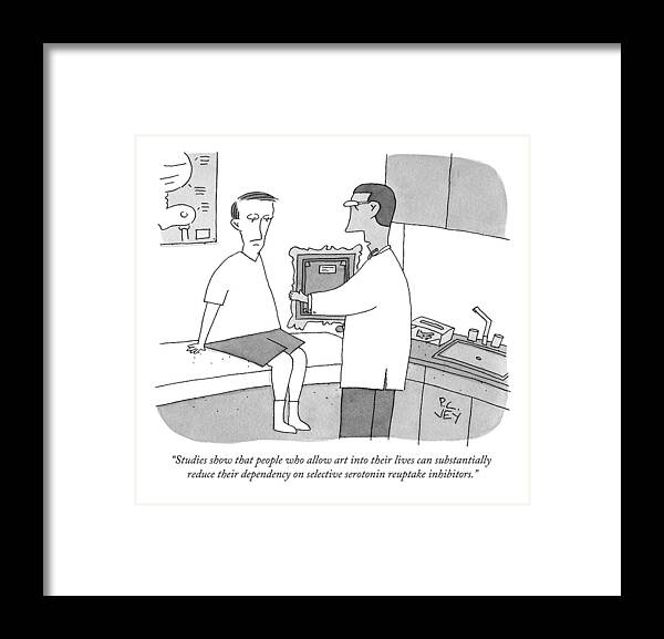 Art Therapy Antidepressants Framed Print featuring the drawing A Doctor Hands A Patient A Framed Painting by Peter C. Vey
