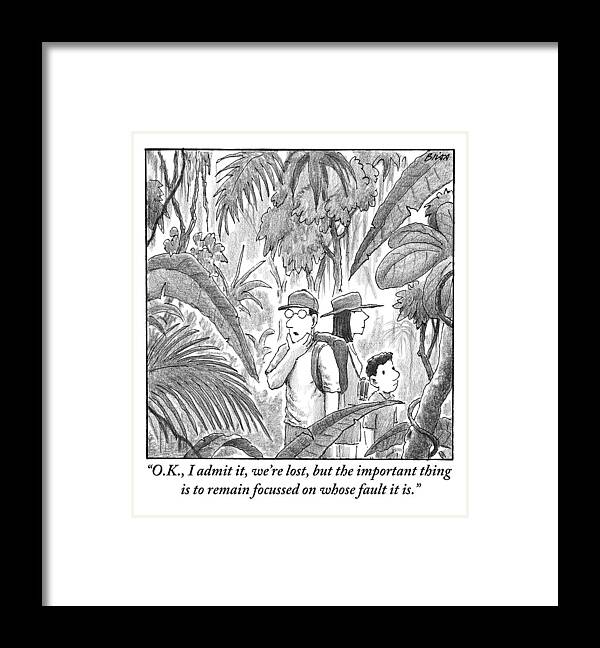 Lost Framed Print featuring the drawing A Family Is Lost In The Depths Of A Jungle by Harry Bliss