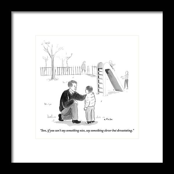 Advice Framed Print featuring the drawing A Father Encourages His Son At The Playground by Emily Flake