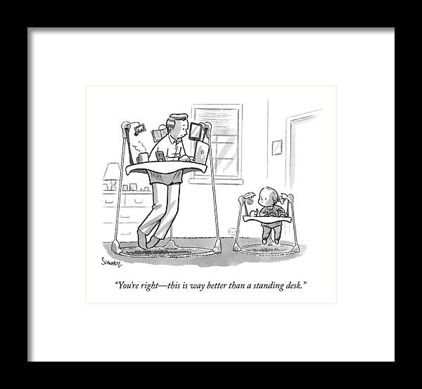 Iyouire Right Framed Print featuring the drawing A Father Uses A Standing Babywalker Desk by Benjamin Schwartz