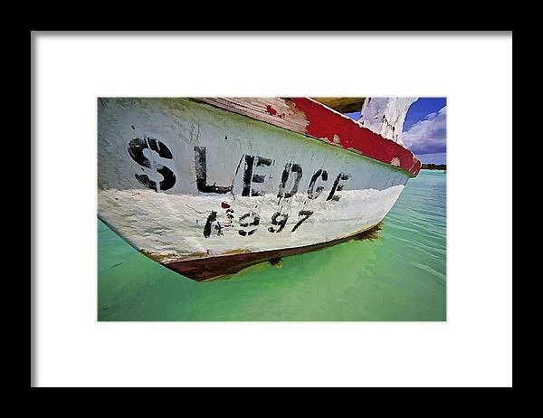 Anchored Framed Print featuring the photograph A Fishing Boat Named Sledge by David Letts