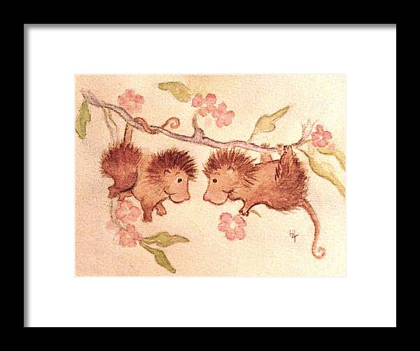 Two Cute Possums Framed Print featuring the painting A Flower For You by Hazel Holland