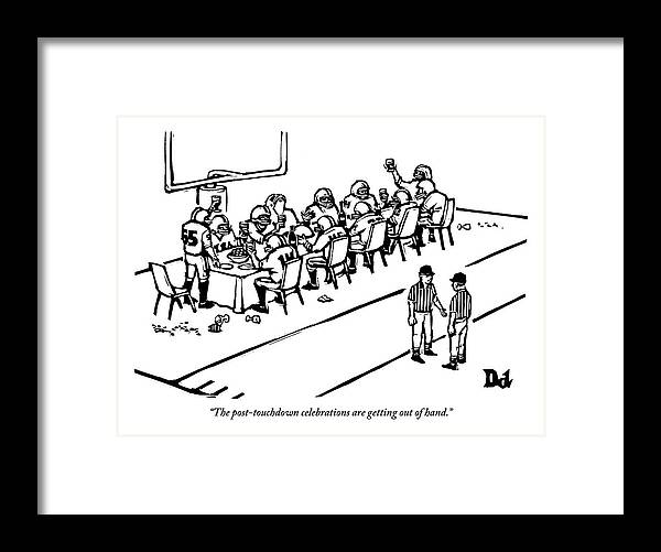 Football Framed Print featuring the drawing A Football Team Enjoys A Seated Dinner With Wine by Drew Dernavich