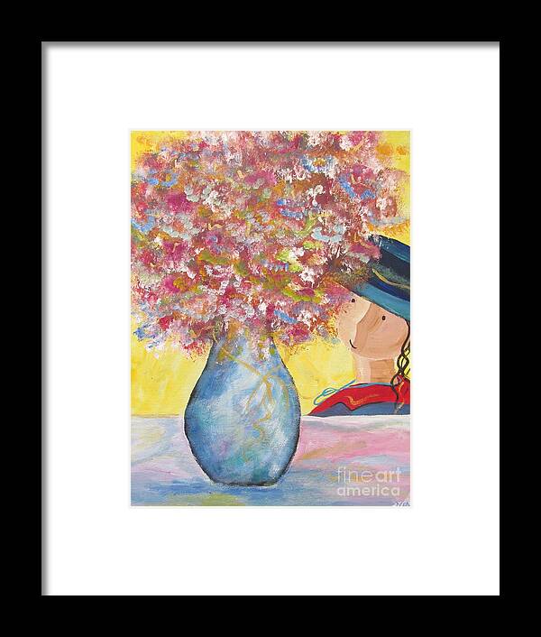 Girl Framed Print featuring the painting A girl and her flower vase. by Nereida Rodriguez