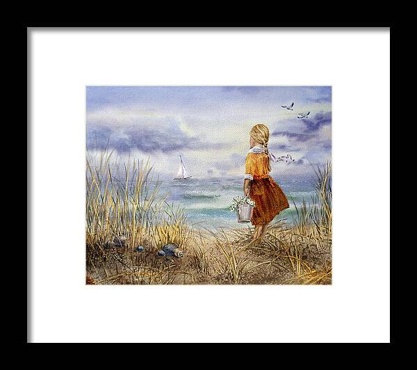 Girl And Ocean Framed Print featuring the painting A Girl And The Ocean by Irina Sztukowski