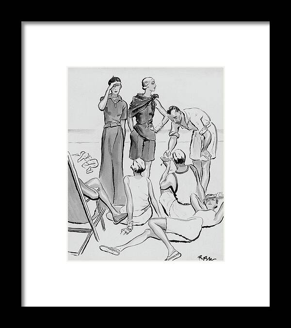 Hat Framed Print featuring the digital art A Group Of Young People On The Lido Beach by Rene Bouet-Willaumez
