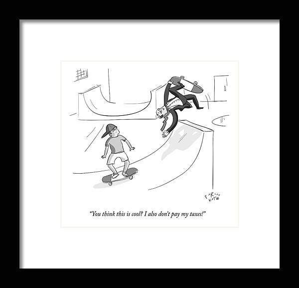 Skateboard Framed Print featuring the drawing A Guy In A Suit Does A Flip On A Skateboard by Farley Katz