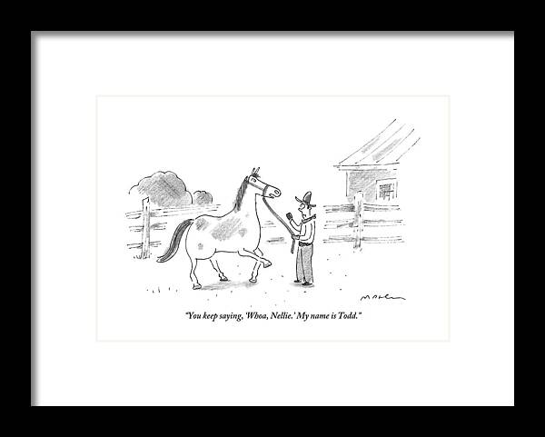 Horses Framed Print featuring the drawing A Horse Speaks To A Cowboy Trying To Calm by Michael Maslin