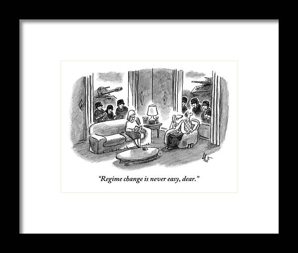 Army Framed Print featuring the drawing A Husband And Wife Sit In Their Living Room by Frank Cotham