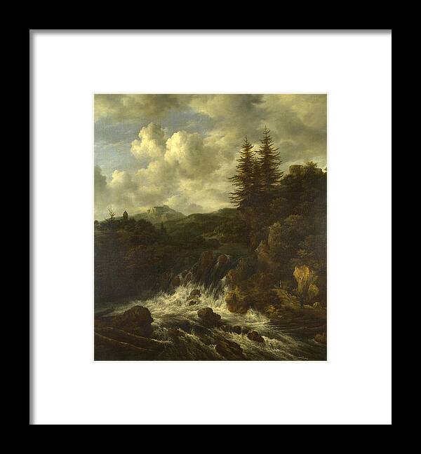 Jacob Isaacksz Van Ruisdael Framed Print featuring the painting A Landscape with a Waterfall and a Castle on a Hill by Jacob Isaacksz van Ruisdael