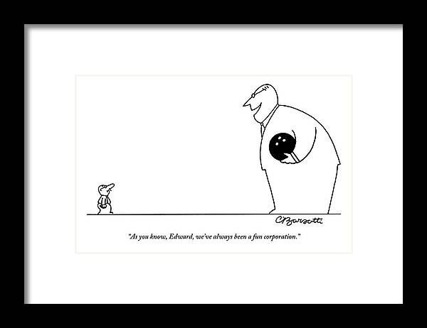 Bowling Ball Framed Print featuring the drawing A Large Man Dressed In A Suit And Carrying by Charles Barsotti