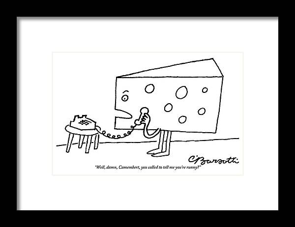 Cheese Framed Print featuring the drawing A Large Piece Of Swiss Cheese Talks by Charles Barsotti