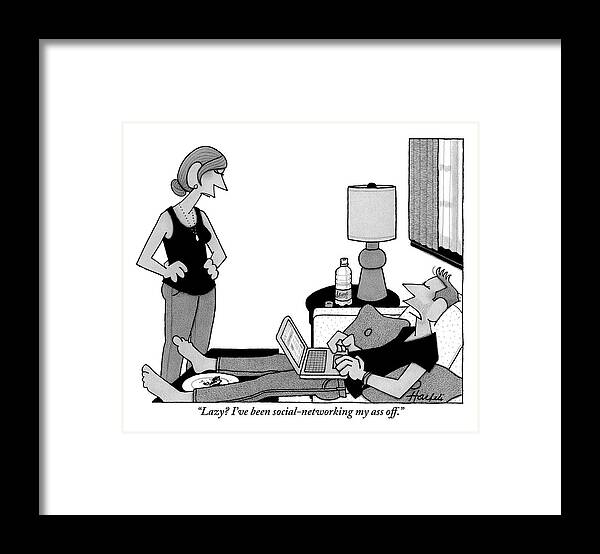 Couch Framed Print featuring the drawing A Lazy Husband On A Couch Speaks by William Haefeli