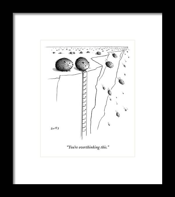 Lemmings Framed Print featuring the drawing A Lemming Measures The Drop Off Of A Cliff by Julia Suits