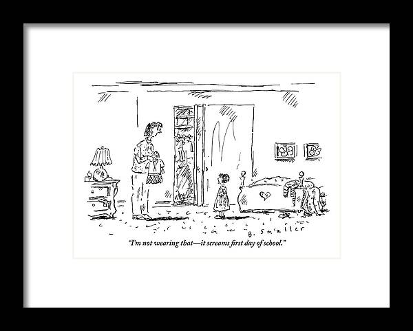 Wear Framed Print featuring the drawing A Little Girl Rejects An Outfit That Her Mother by Barbara Smaller