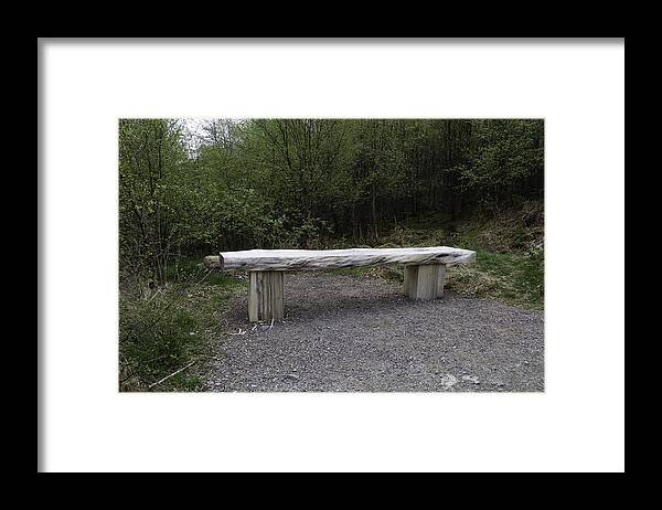 Bench Framed Print featuring the photograph A long stone section over wooden stumps forming a rough sitting area by Ashish Agarwal