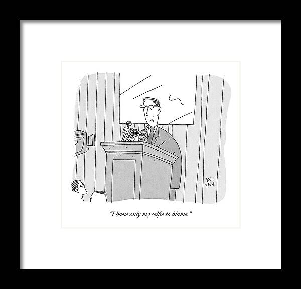 Politics Framed Print featuring the drawing A Male Politician Speaks At A Press Conference by Peter C. Vey