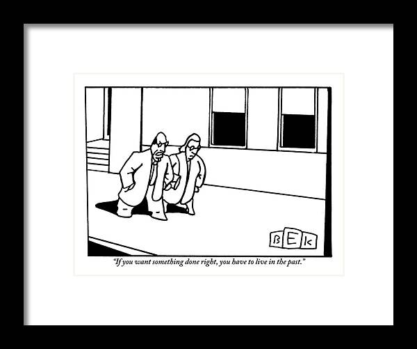 Right Framed Print featuring the drawing A Man And A Woman Are Seen Speaking And Walking by Bruce Eric Kaplan