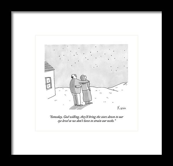 Stargaze Framed Print featuring the drawing A Man And A Woman Look At The Stars On Their Lawn by Zachary Kanin