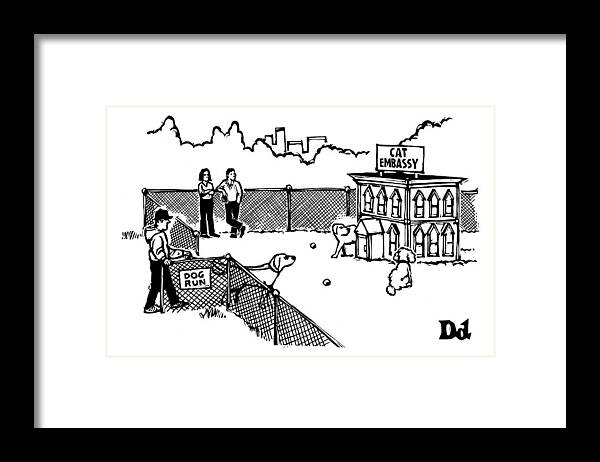 Sub-titles: Dog Run. Cat Embassy Framed Print featuring the drawing A Man And Dog Enter A Dog Run by Drew Dernavich